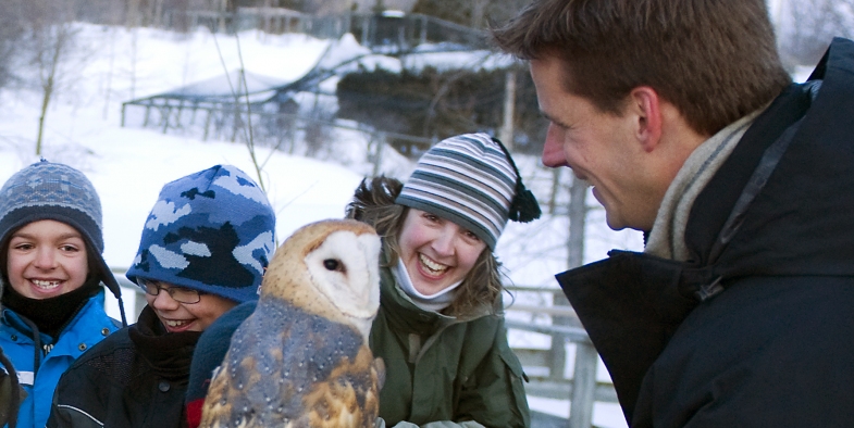 David Rodrigue, directeur général du Zoo Ecomuseum, en compagnie d'un effraie des clochers